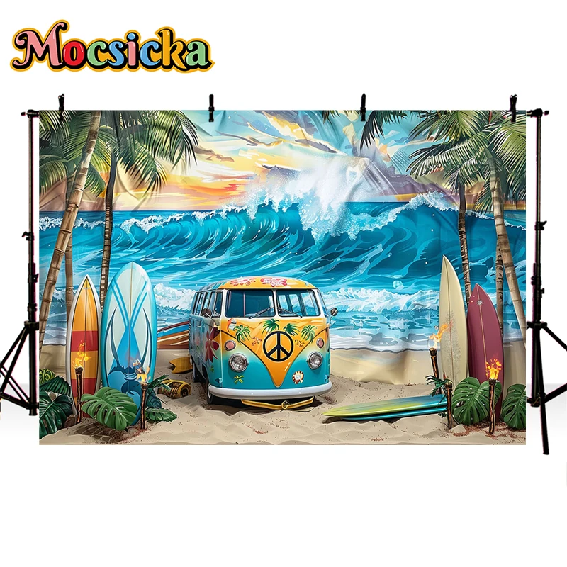 Mocsicka Photography Background Summer Beach Car Ocean Waves Baby Shower Cake Smash Kids Portrait Backdrop Photo Studio