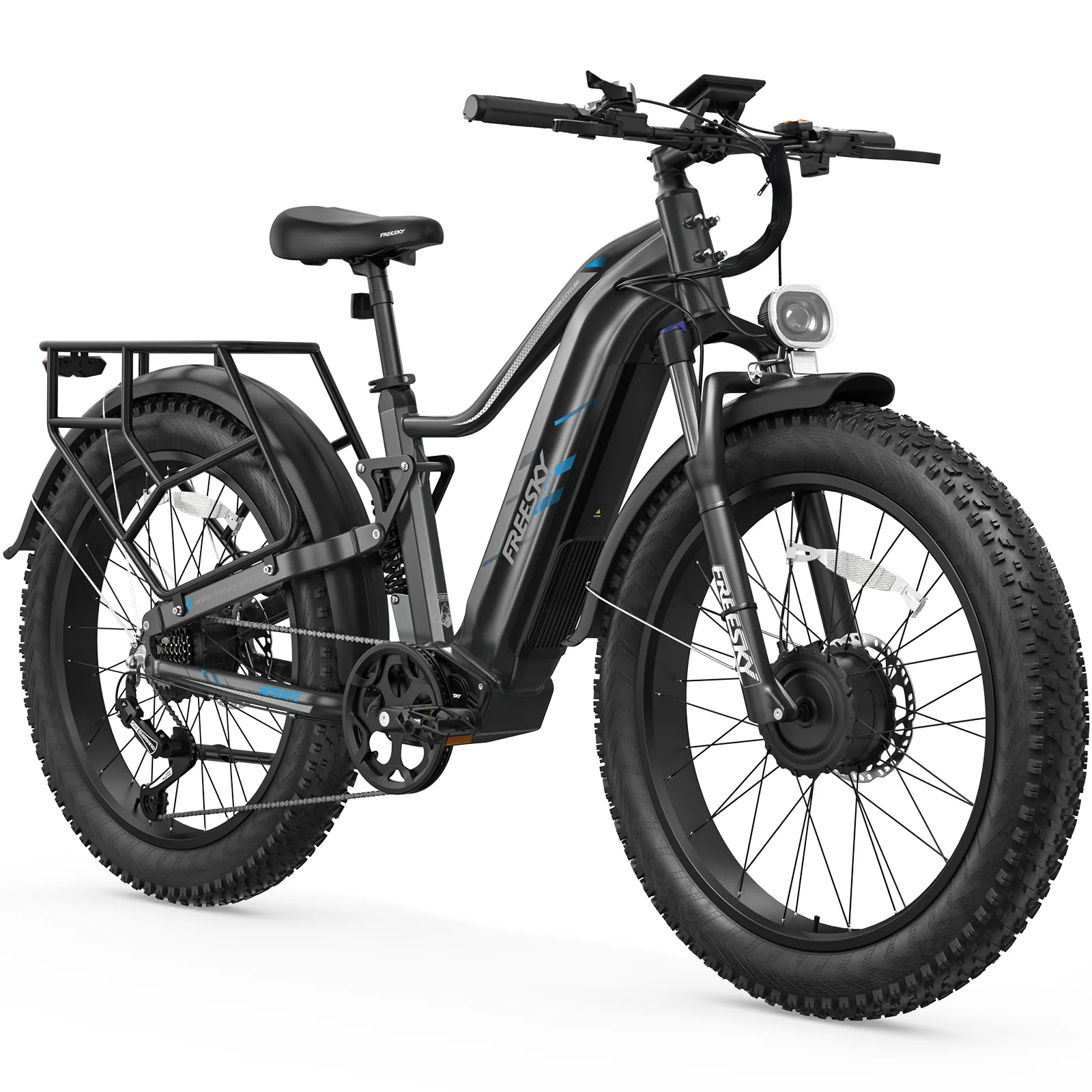 FREESKY Dual Motor Electric Bike For Adults 105 Mile Long Range 2026 Eurostar Turbo 4000W 210NM 34MPH Fast Speed, 26"Fat Tire, Full Suspension Mountain Ebike All Terrain Steep Hills