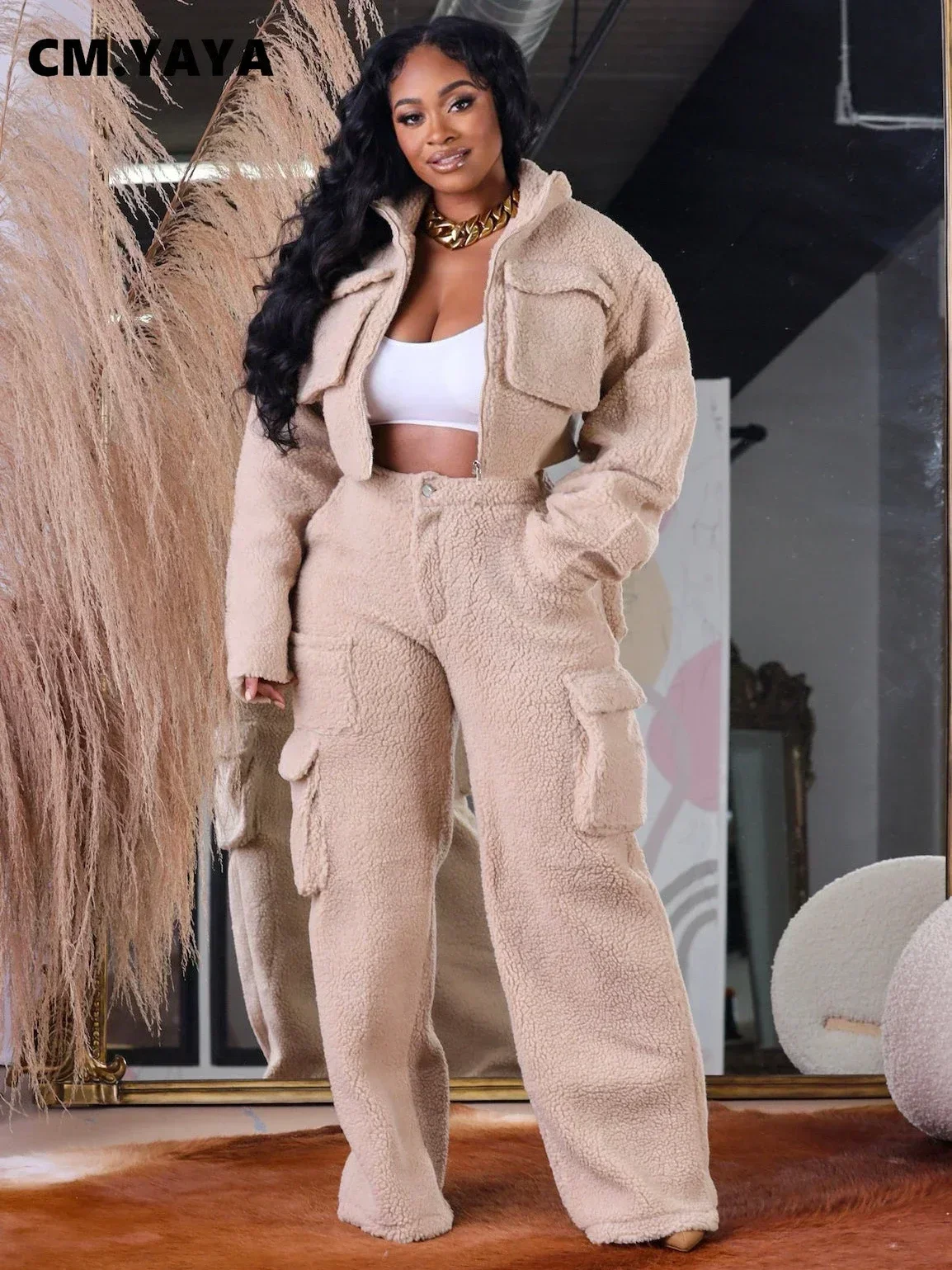 FANAN Fashion Fleece Women's Set Long Sleeve Jacket and Pocket Wide Leg Pants 2024 Cargo Two 2 Piece Sets Outfits Tracksuit