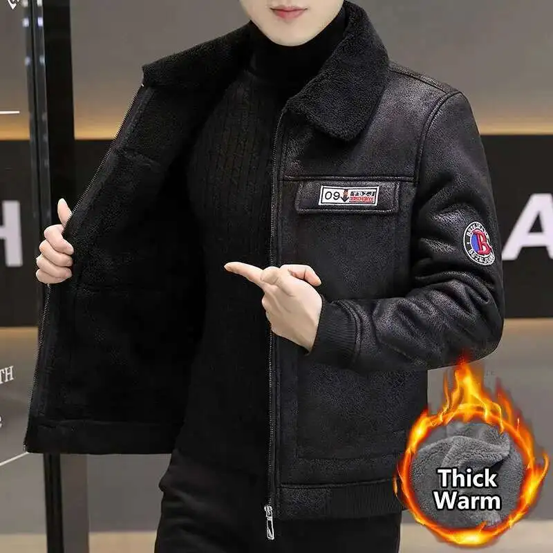 

Plush and Thickened Fur Integrated Granular Plush Cotton Jacket Men's Gilded Suede Air Force Flight Jacket Mens Wool Trench Coat