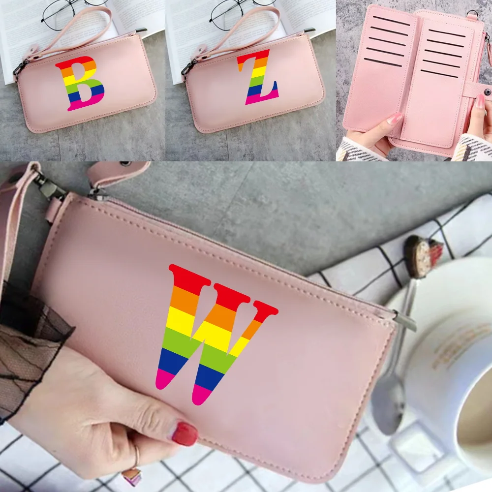 Pu Leather Wallets Card Bag Women Travel ID Card Credit Long Coin Purse Clutch 26 Rainbow Letter Print Pack Mobile Phone Bags