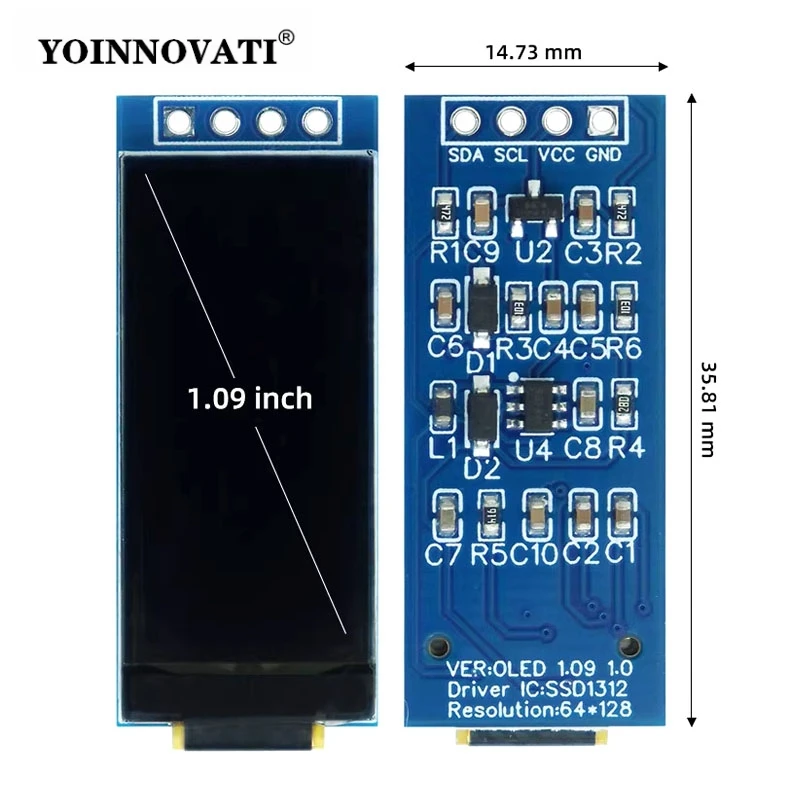 1.09 Inch 128x64 White OLED Display Module SSD1312 Driver I2C 4-Pin Interface Low Power Consumption Wide Viewing Angle
