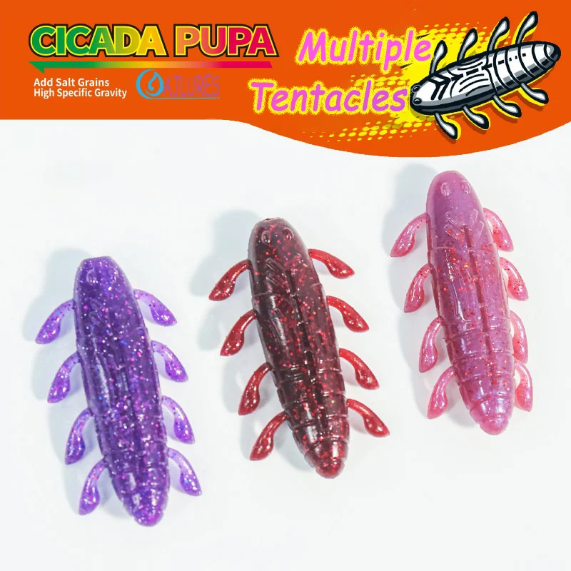 Cicada Pupa Lure 35mm 45mm 55mm Multi Leg Tentacle Worm Bait Salt Infusion Sinking PVC Soft Bait Bass Snakehead Catfish Fishing