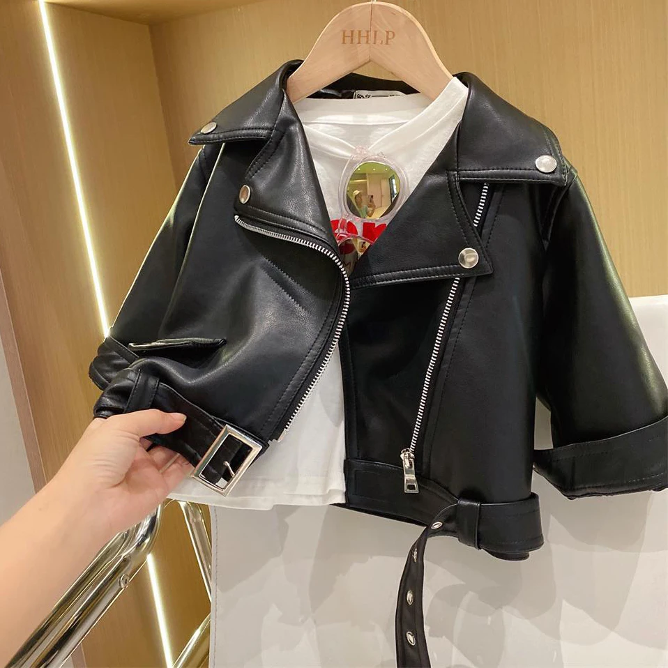 2-8 Years New Spring Autumn Artificial Leather Girls Jacket Fashion Waterproof And Stain-resistant Lapel Zipper Coat For Kids