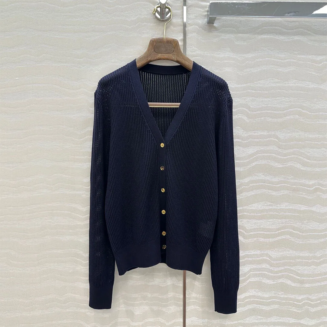 

2025 New Autumn Hollow Out Thin Knitted Sweater Women V-neck Long Sleeve Single Breasted Solid Color Casual Brief Cardigans