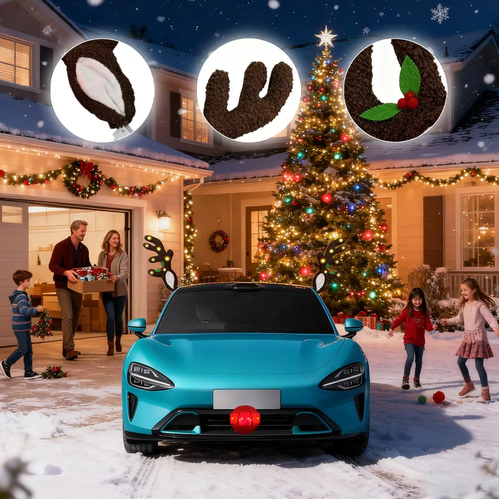 Christmas Car Decorations LED Reindeer Antler With Nose Car Decoration For Automotive Truck Vehicle SUV Exterior Window Roof Top