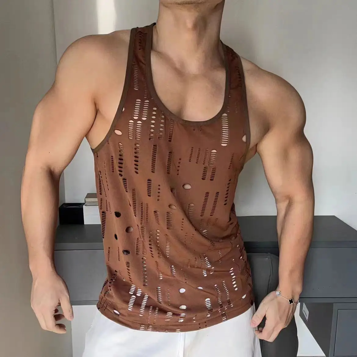 Sexy Kam Shoulder Perforated Hollow Tank Top Men Sleeveless Sports  Muscle Fitness Party Stage Theme Dance Vest