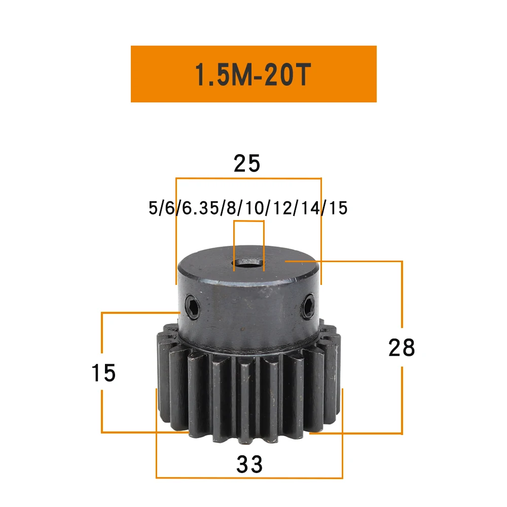 Engrenagem spur 1.5 Module-20T blackening sc45 # aço carbono de alta frequência que extingue o tamanho do furo da engrenagem 5/6/6.35/8/10/12/14/15mm