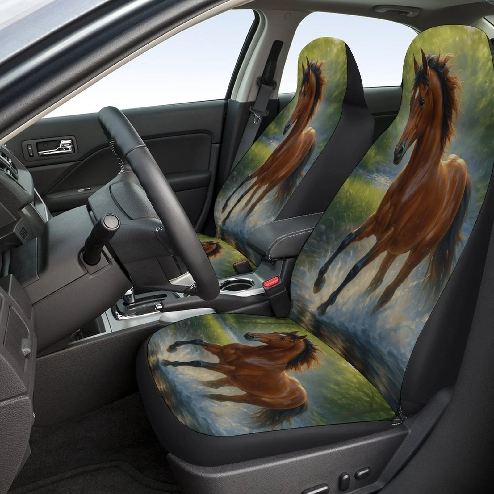 Forest Horse Run Designed Car Seat Cover Set For Most Cars, Trendy Novelty High-quality Car Seat Protector Covers Full Set, Univ
