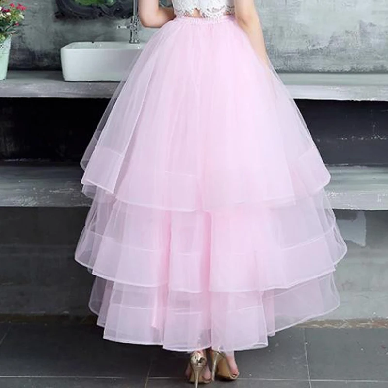 White Birthday Dress Cascading Ruffles Tulle Skirts Pink Elastic Waist Tiered Party Prom Dresses Vintage Daily Summer Skirts