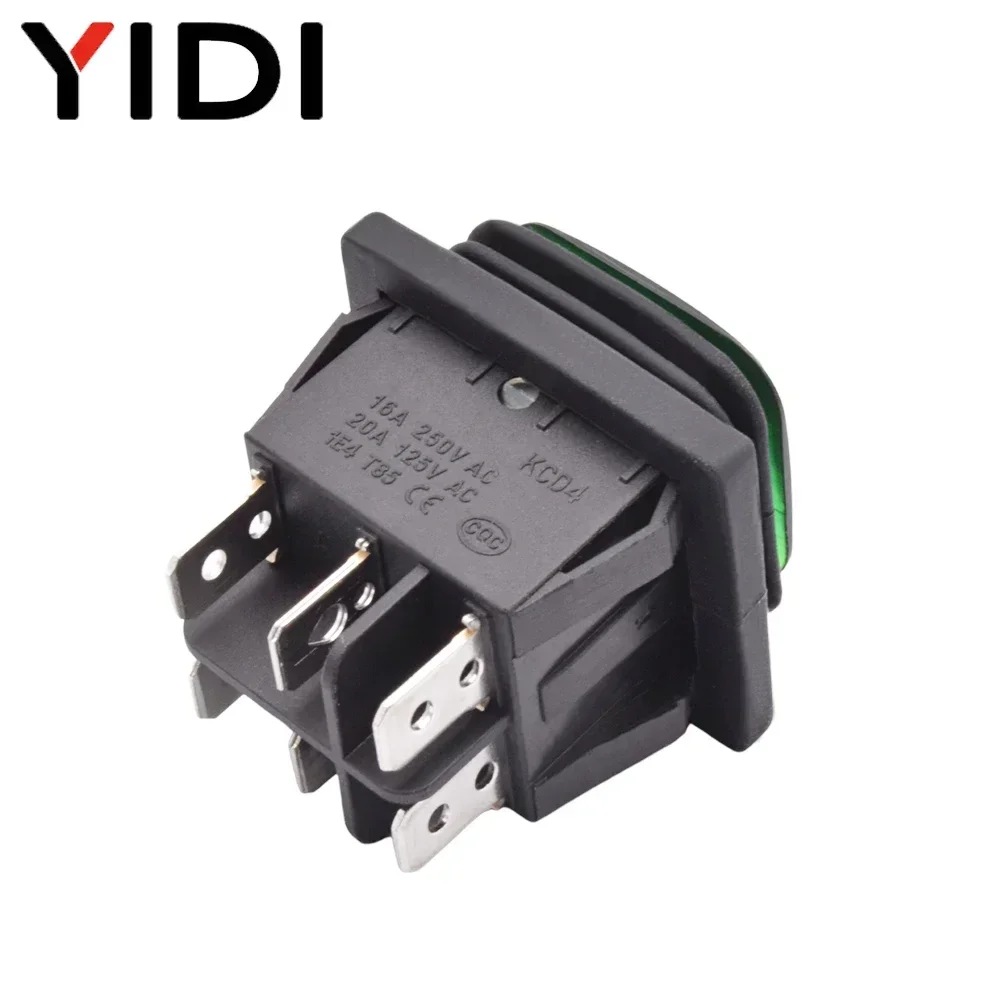 1pc KCD4-203 à prova dwaterproof água 30x22 interruptor rocker 6 pinos travamento 16a 250vac dpdt ligar/desligar 12v 220v vermelho verde led botão de luz interruptor