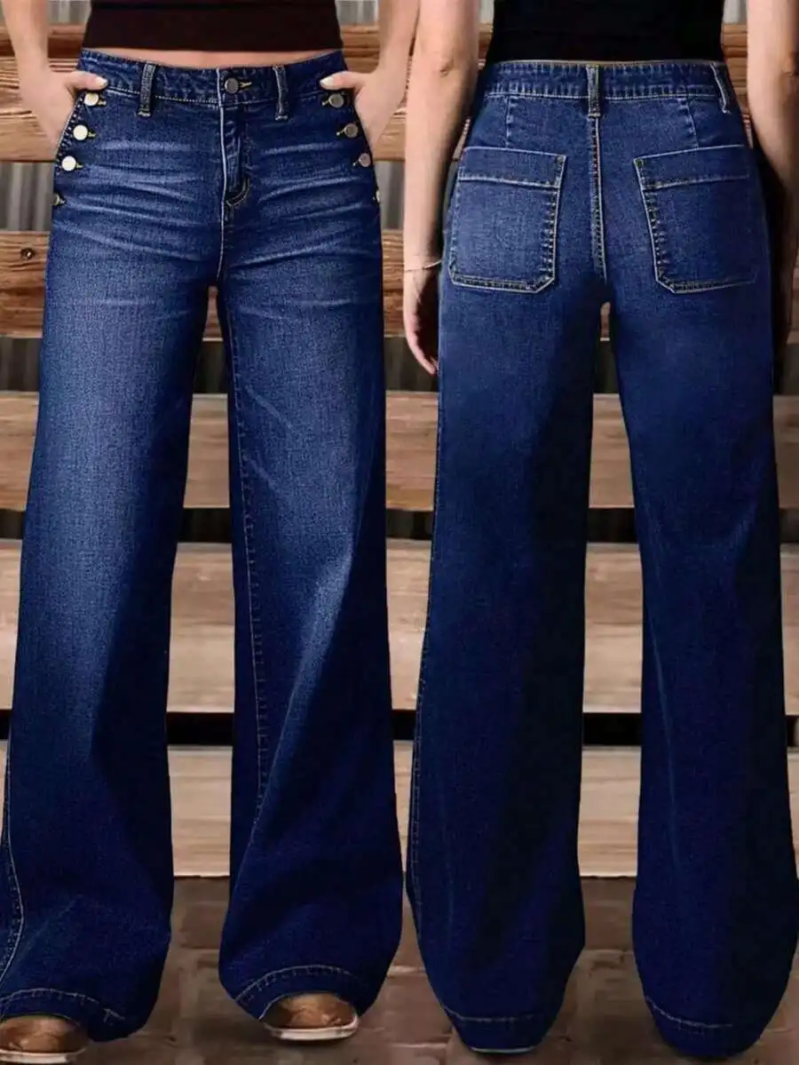 

Womens Multi-Button Washed Wide Leg Casual Denim Jeans