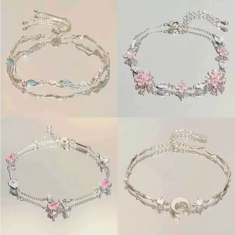 Pulseras de flores de cerezo de cristal rosa brillante para mujeres y niñas, pulsera de circón con lazo de Luna dulce, joyería estética de fiesta