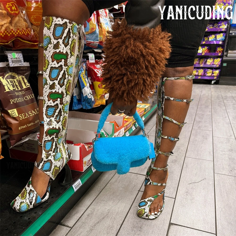 Curved Heel Multi Buckle Sandal Boots Asymmetric Square Toe Knee High Boots Novelty Designer Style Cage Sandals Boots for Women