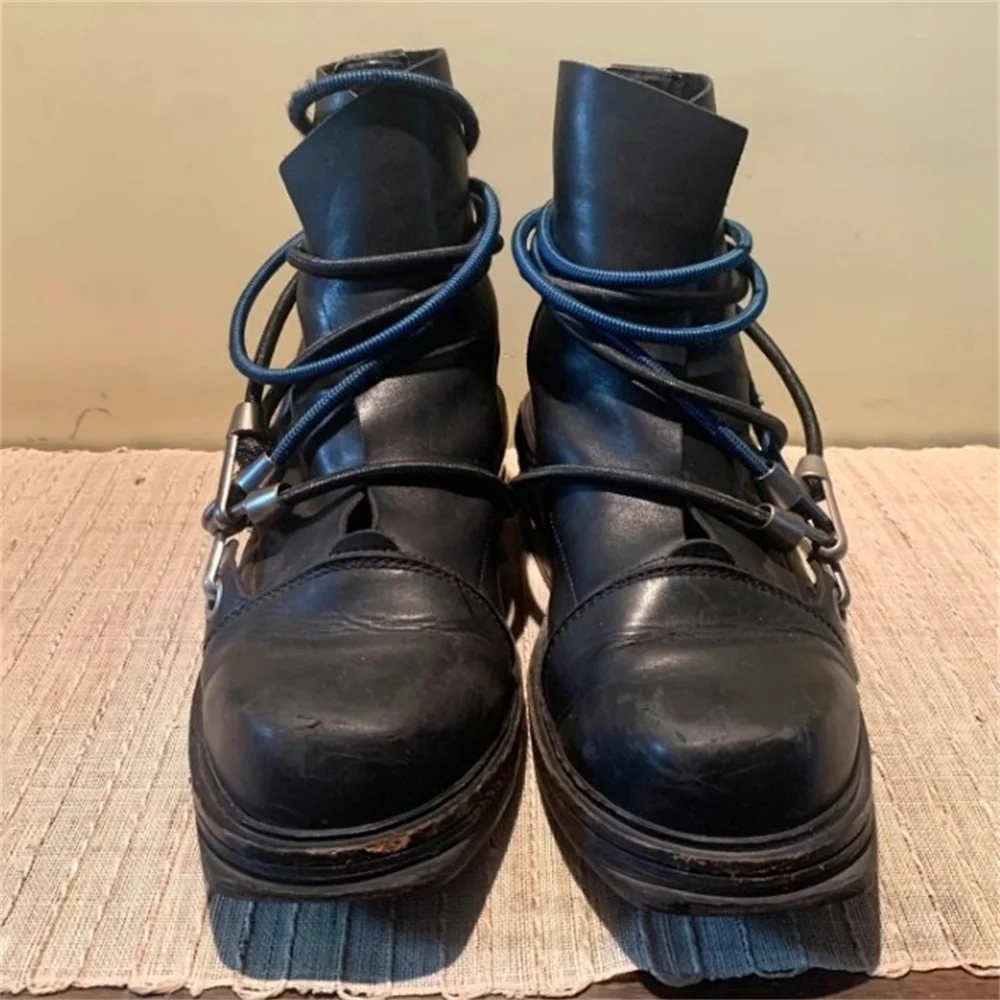 90S أحذية خمر للرجال جلد أسود جولة تو كابل المشي لمسافات طويلة السنانير الأشرطة المعدنية كعب سميك الدانتيل متابعة منتصف العجل التمهيد الذكور الأحذية #3