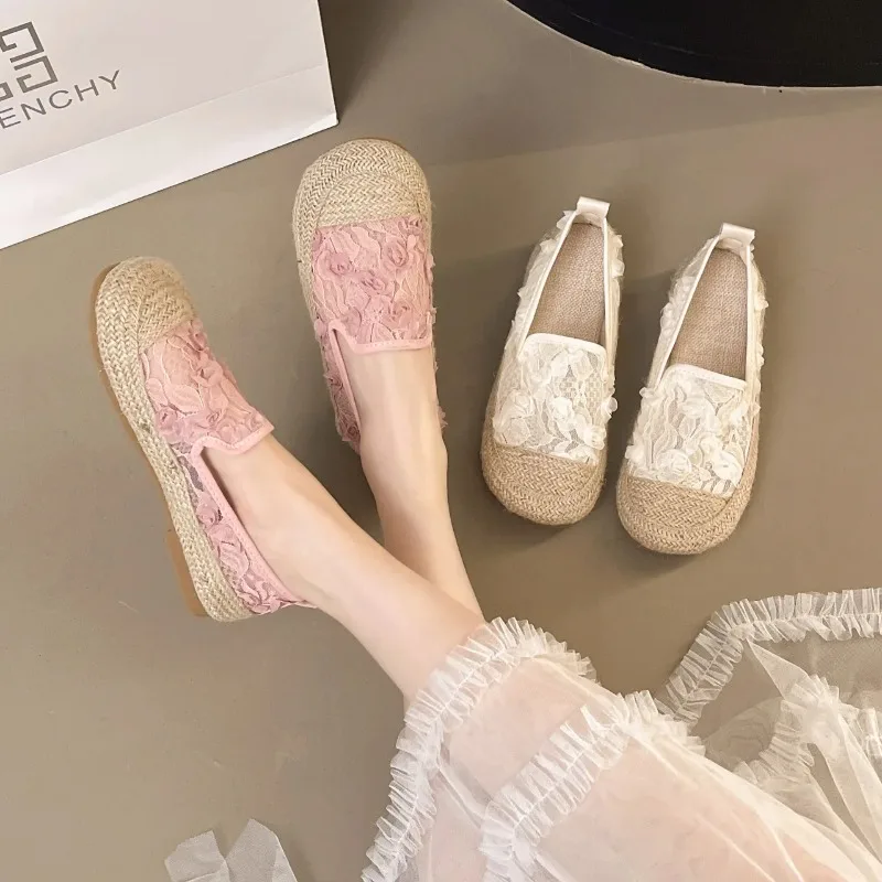 أحذية نسائية كاجوال سهلة الارتداء لامعة ترتر كتان مسطح القاع نمط صياد تنفس شبكة خمر أحذية الصيف الرجعية