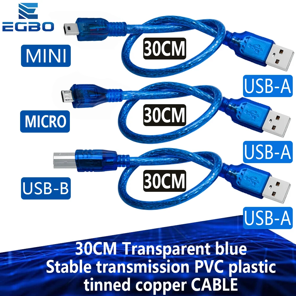 30cm USB Transparent blue Stable transmission PVC plastic tinned copper Mini Micro USB-B CABLE data transmission for arduino