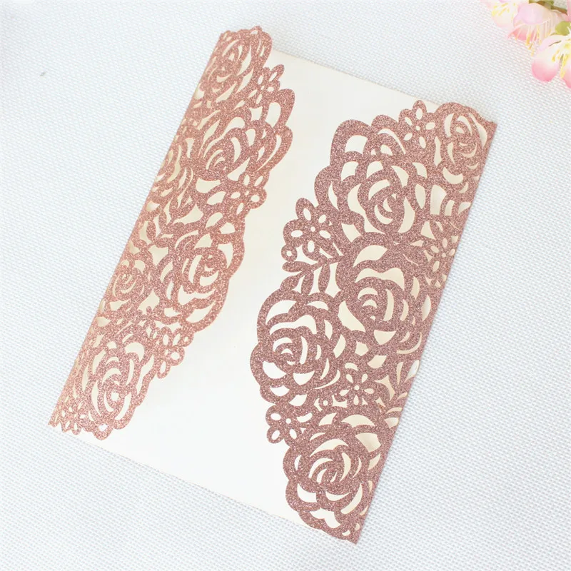 (100 pieces/lot) Luxury Rose Gold Glitter Wedding Invitations With Bowknot Customized Print XV Quinceanera Birthday Cards IC055