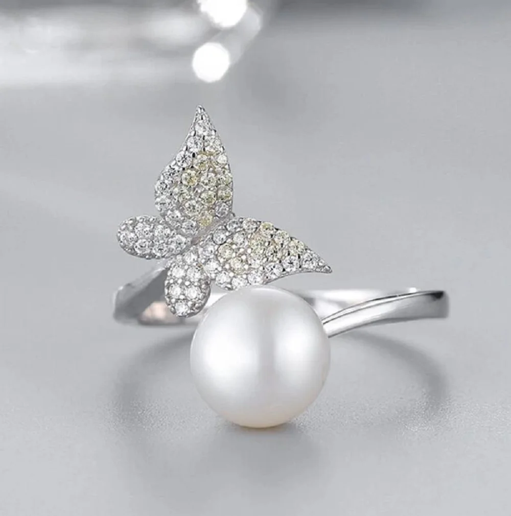 

S925 Exquisite Butterfly Pearl Ring AAA6-7mm 7-8mm 8-9mm Natural South Sea Pearl Ring