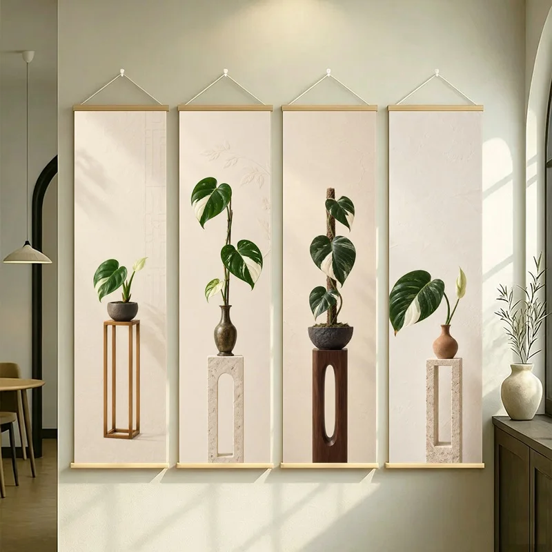 Green Leaf Wall Art 4-Panel Climbing Plant Pot Scroll Set on Beige Silver Shimmer Canvas for Fresh Minimalist Office Decor