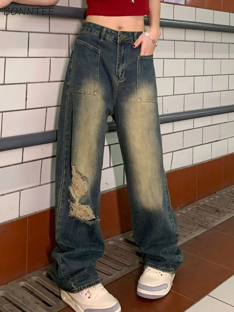 جينز نسائي هول رائع للجنسين، أساسيات الإبداع المتوافقة مع شعبية عتيقة على الطراز الأوروبي للسيدات، ملابس الشارع اليومية البسيطة والحديثة