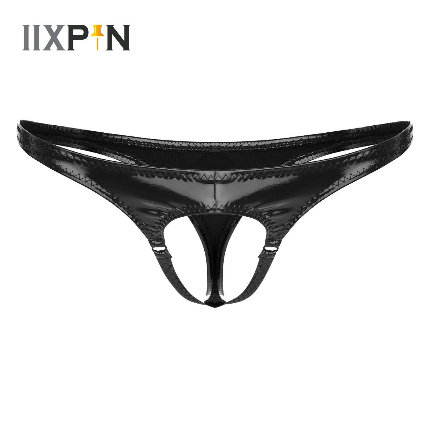 Mens Lingerie Hollow Out Front Thong Wet Look Patent Leather G-String Underwear Low Rise Elastic Waistband T-back Underpants