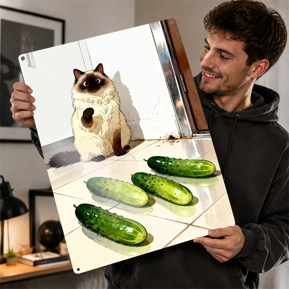 Cat Scared Of Cucumbers Textured Metal Poster Cartoon Wall Art For Living Room Customized Aluminum Sign Animal Lover Gift Idea