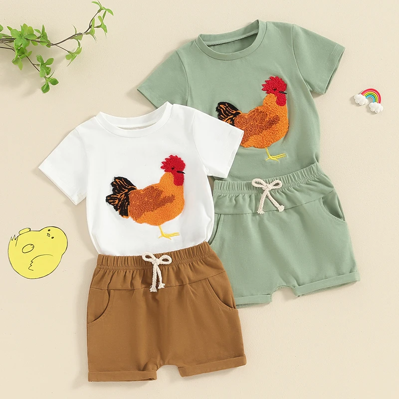 

Toddler Kids Clothes Boys Girls Summer Clothing Rooster Embroidery Short Sleeve T-shirts Tops Shorts Sets Tracksuits