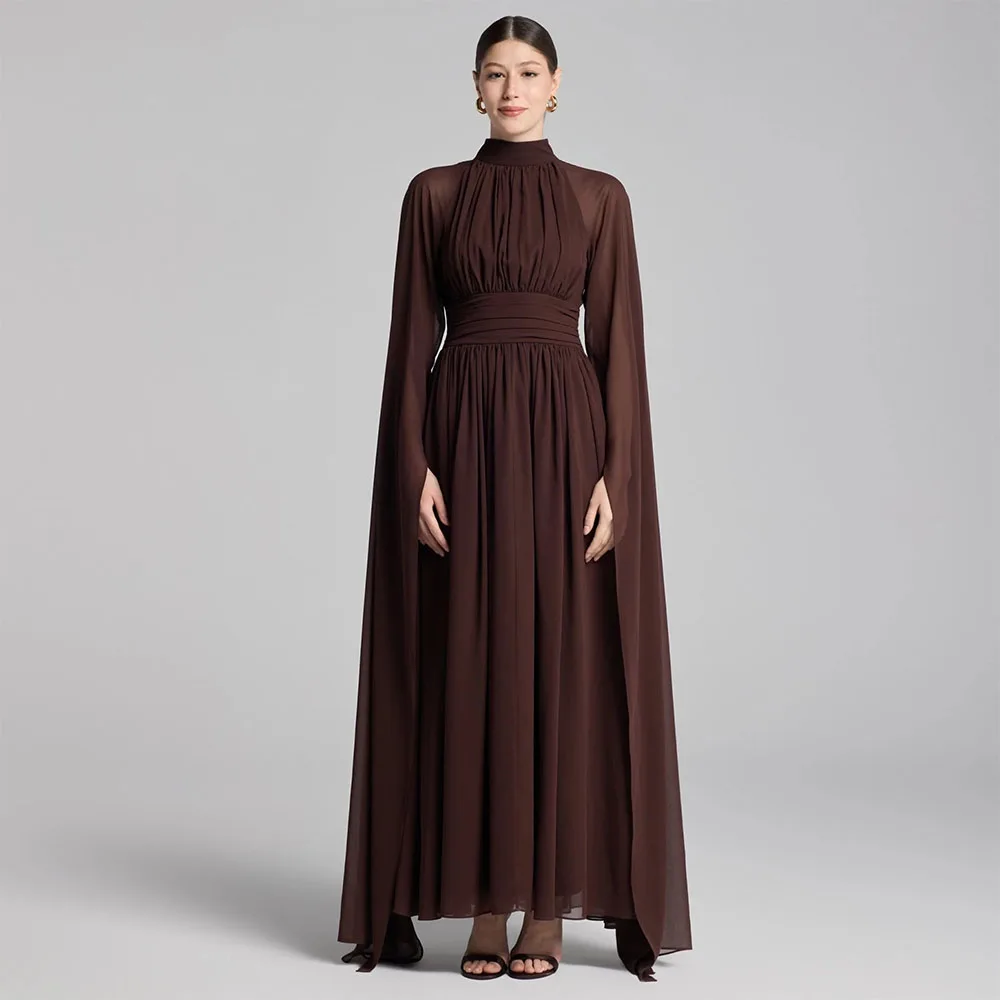 

Vanessa Customized High Neck Evening Dress Ankle Length Pleats Long Sleeves with Cape Chiffon Party Prom Gowns Vestido De Festa