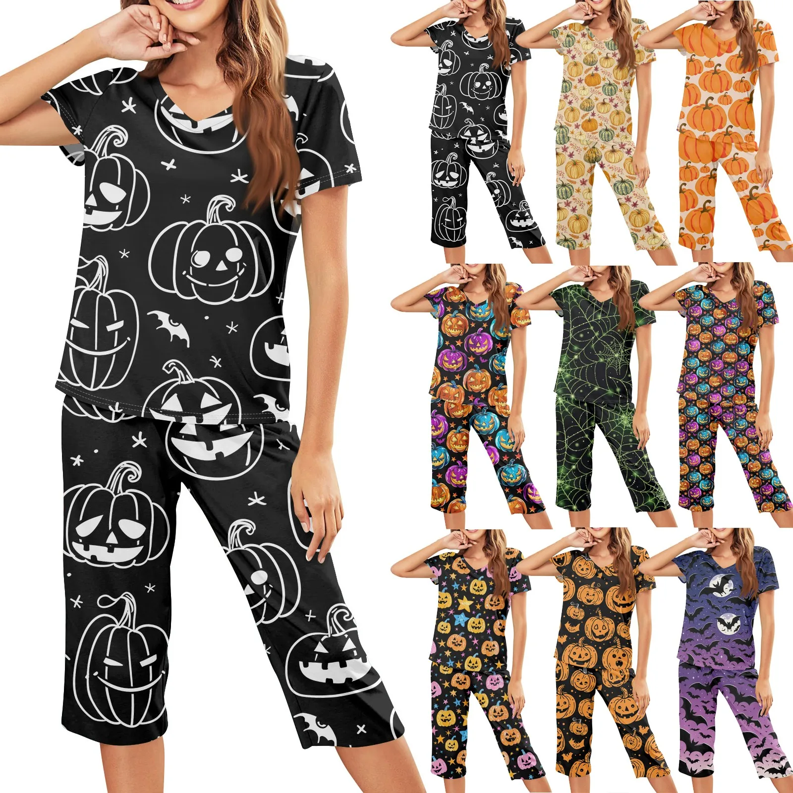 Women\'S New Pajama 2-Piece Set Casual V-Neck Short Sleeve Capris Nightwear Set Halloween Print Classic Comfy Pajama