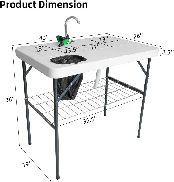 Portable Folding Fish Game Cleaning Camp Table Heavy Duty 40''Fillet Table with Double Sink and Faucet