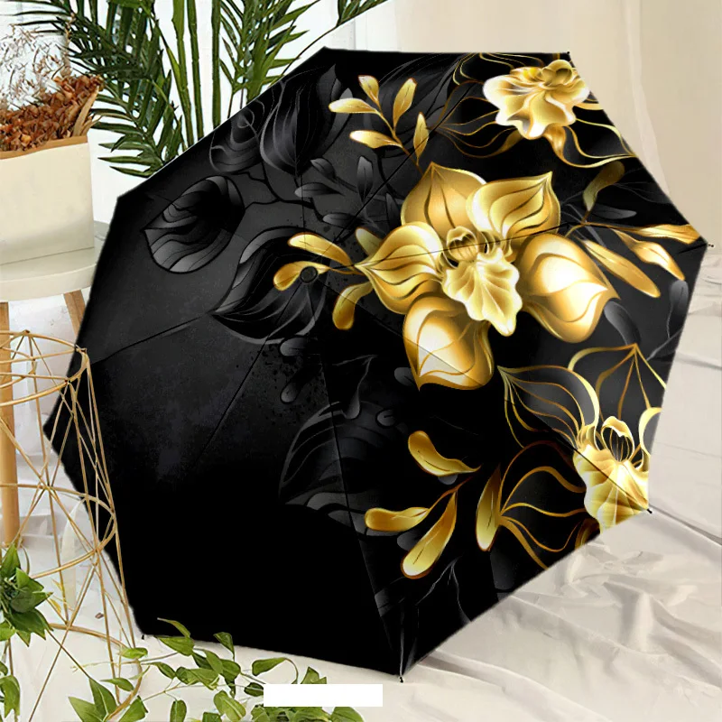 

Автоматический зонт с кнопкой открытия/закрытия одним нажатием — элегантный дизайн с черно-золотым цветочным узором в виде орхидей.
