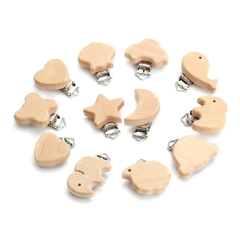 5Pcs Wooden Pacifier Clip Beech Wooden Animal Natural Dummy Clip DIY Baby Pacifier Chain Teether Toys Accessories BPA Free