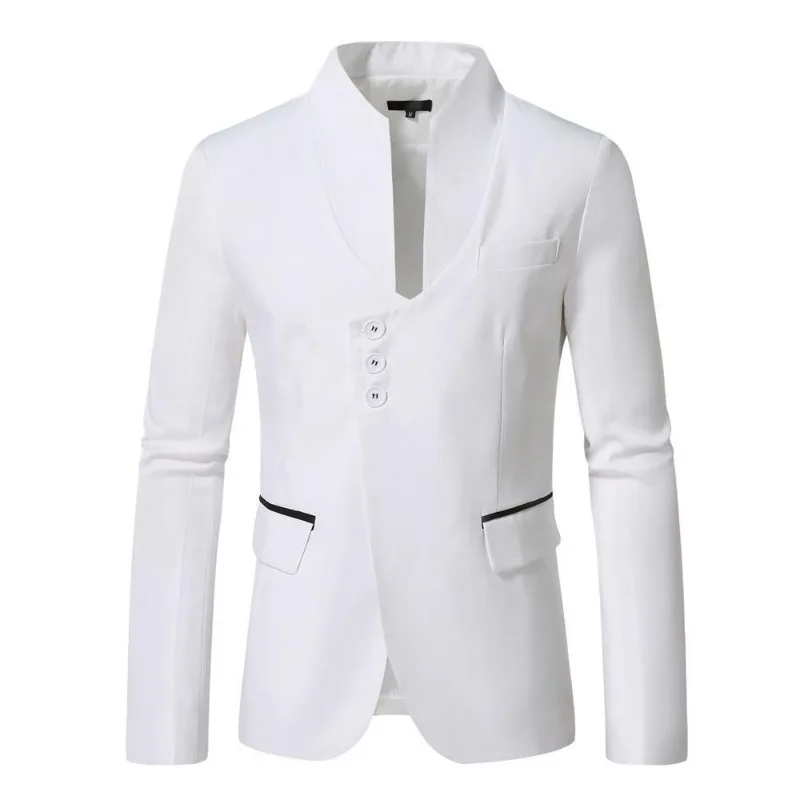 KIDWHXR Man Suit Jacket British Style Simple Solid Stand Collar Male Outerwear Slim Single-breasted Wedding Stage Men Blazer