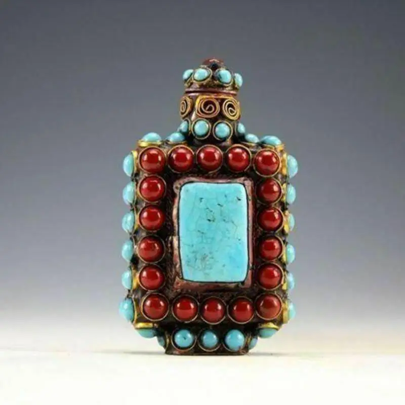 Chinese Old Tibet Silver Cloisonne beads turquoise handmade work snuff bottle