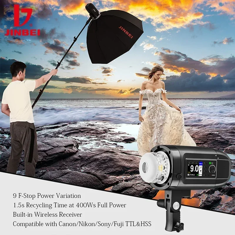 JINBEI HD400Pro High Speed Outdoor Flash Strobe Light Bowens Mount 400Ws GN66 with 2.4G Wireless System 4400mAh Battery