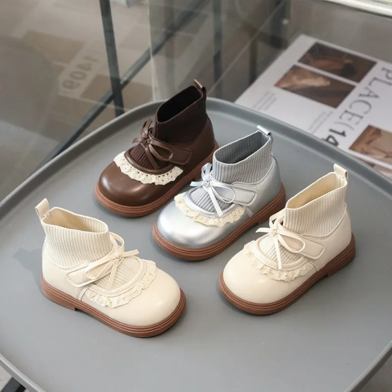 2026 Girl's Short Boots Ankle-High Beading Autumn Fly-Woven Kids Sock Boot Wedges Flexiable Sweet Slip-on Toddler Children Boot