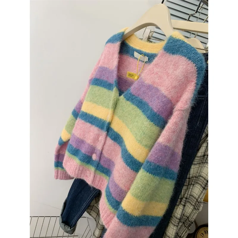 Fashion Striped V-neck Sweater Women Autumn Knitting Cardigan Coat Casual Long Sleeve Multicolor All-match Trend Knitwear Tops