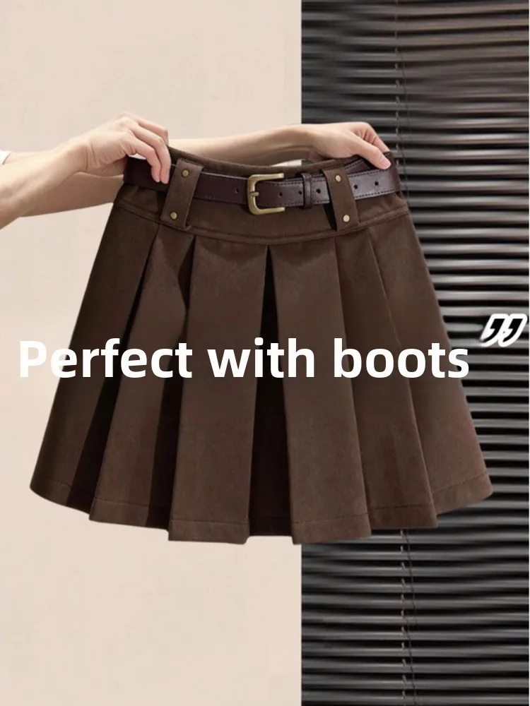 

Карамельная шерстяная клетчатая юбка-миди женская, весенняя, А-силуэт, укороченная, с защитой от просвечивания, с высокой талией, плиссированная, в корейском стиле