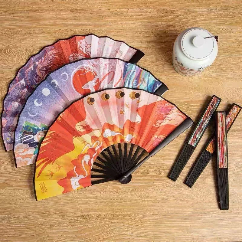 

8-inch printed and dyed Shan Hai Jing folding fan, silk double-sided custom printed fan, souvenir wholesale Kung Fu fan