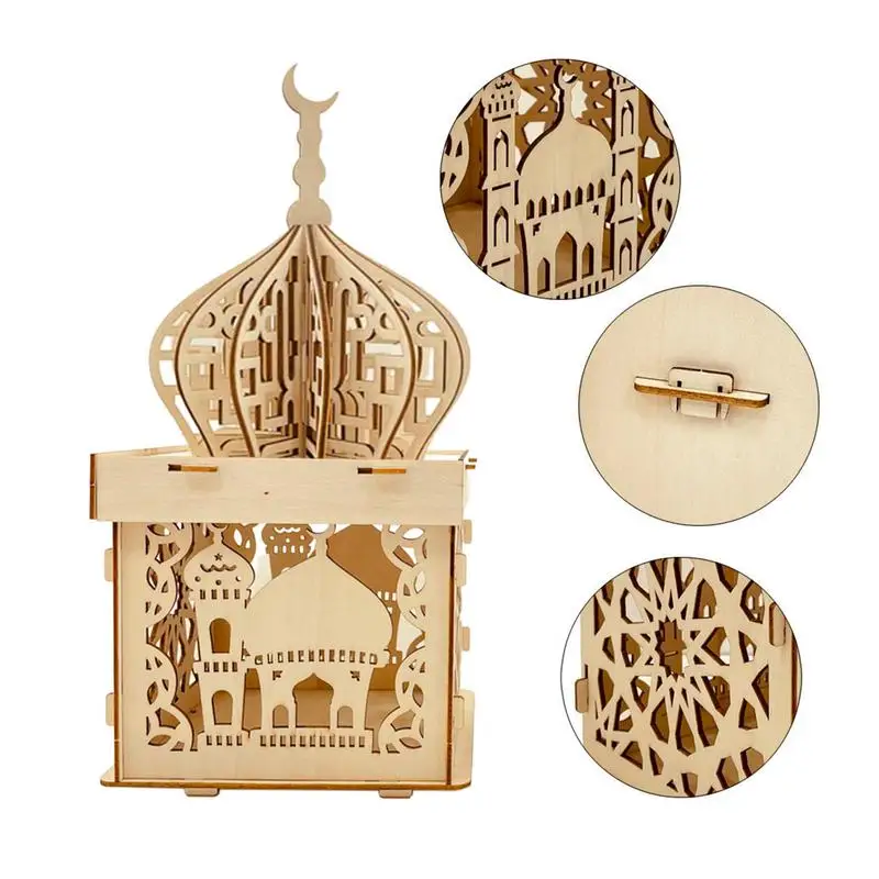 Eid Crafts DIY Light Ramadan Mubarak Wooden Decorative Ornament Lamp Snazzy Mosque Hollow Ornaments With LED Lights For Party