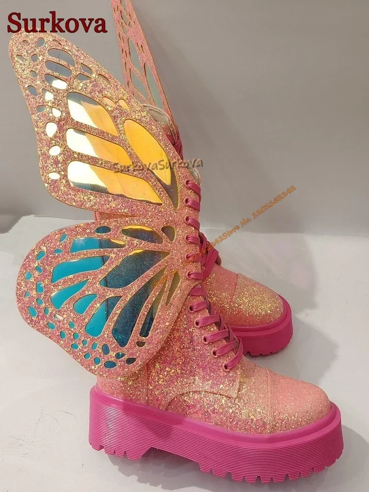 

Розовые рыцарские сапоги с крыльями бабочки, нескользящие сапоги на толстой подошве со шнуровкой и круглым носком, модные длинные сапоги в стиле Лолиты для ночного клуба, вечеринки, банкета