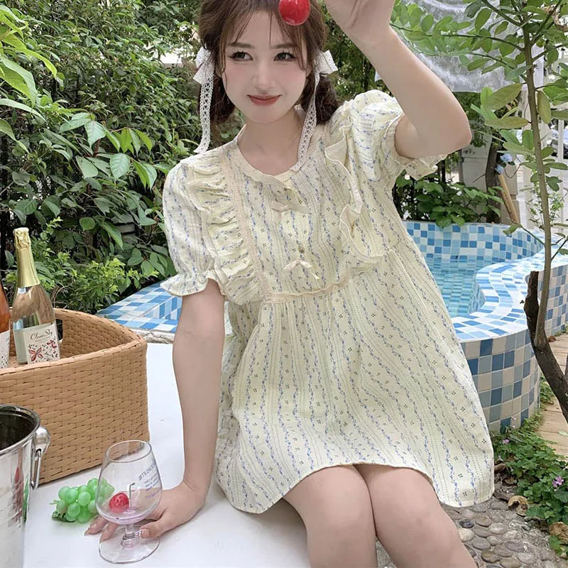 Ruffles Women Pajamas Sets for Home Summer Print Sleepwear Shorts Sleeve Bow 2 Pieces Button Night Wears Korean Home Suit 2024