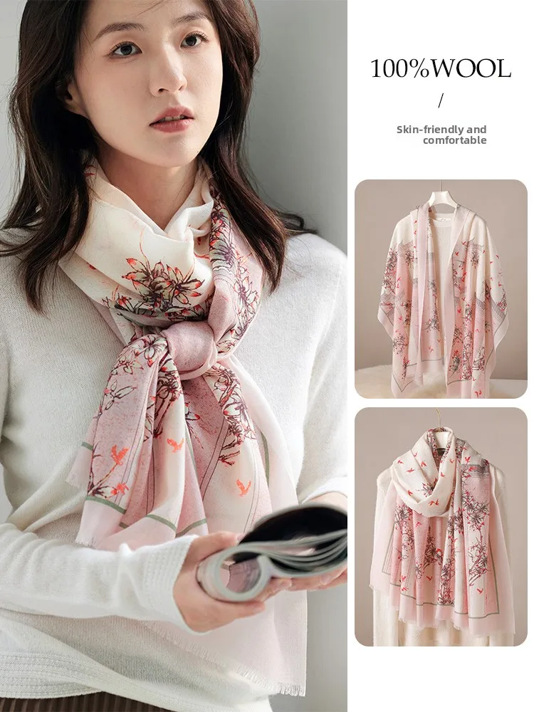 pink-pure-wool-scarf-women's-lightweight-summer-sunscreen-shawl-silk-neck-protection-scarf-digital-spray-painting-floral-pattern