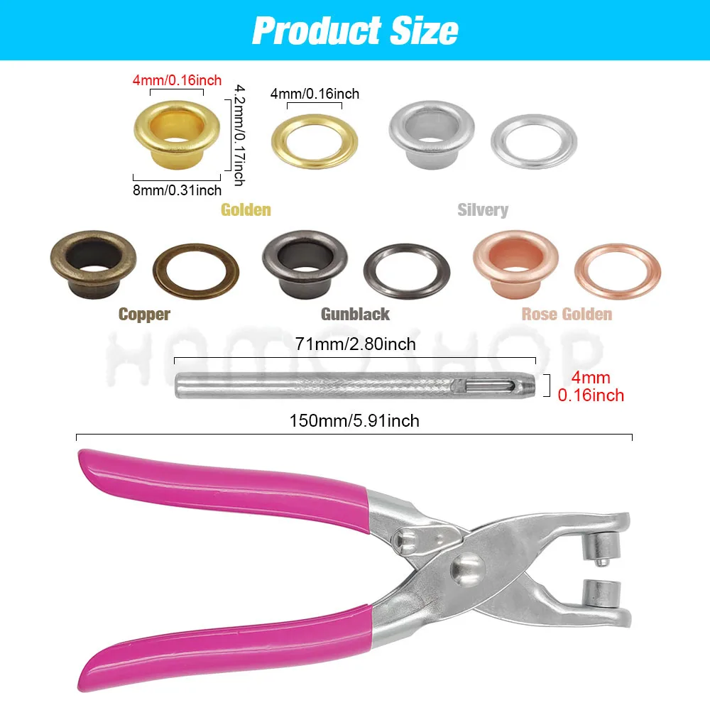 4mm Metal Eyelets Grommets with Washers Grommet Eyelet Pink handle Pliers Tool Kit For Backpacks Shoes Leather Craft Accessories