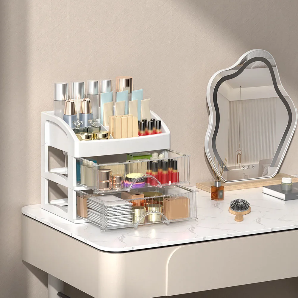 Clear dresser storage box with adjustable layout for organization of lipsticks creams and other beauty essentials at home