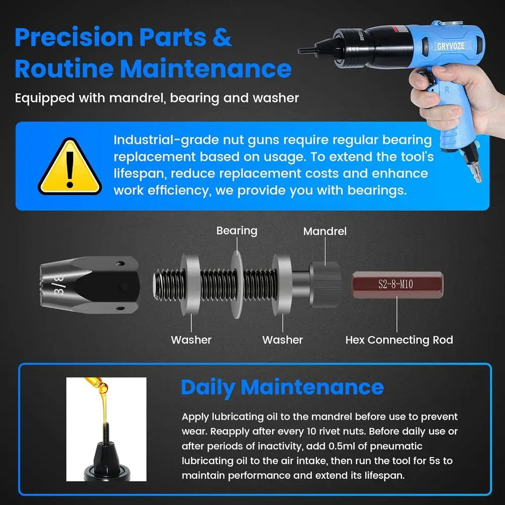 Rivet Nut Gun Kit with 1/4 & 5/16 & 3/8 Mandrels, Industrial Grade Air Rivnut Tool Set with Self-Locking Head Gun, Air Riveter N