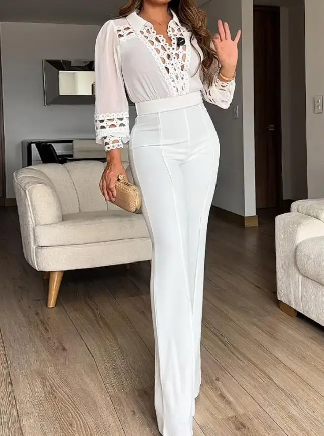 2025年 レディース ターン ダウンカラー オーバーラップ Vネック コントラスト レース ジャンプスーツ カジュアル ハイウエスト シーム フロント ワイドレッグ ジャンプスーツ ベルトなし