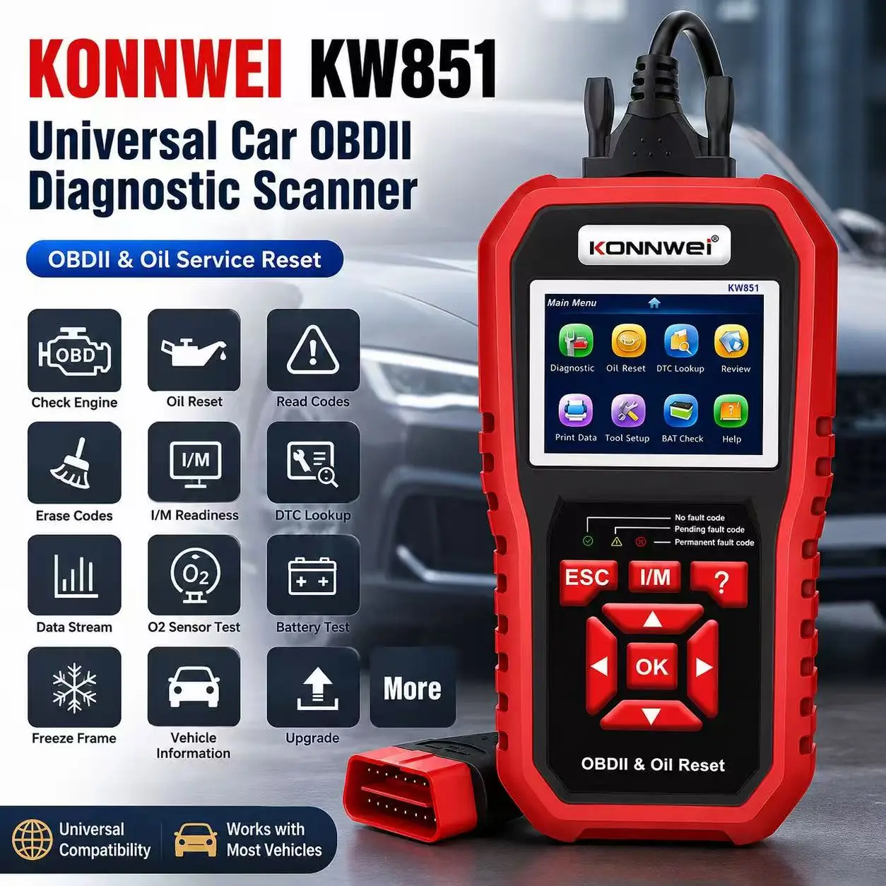 KONNWEI KW851 OBD2 Scanner Diagnostic Tool, Check Engine Code Reader, Oil Reset, Battery Test, DTC Lookup