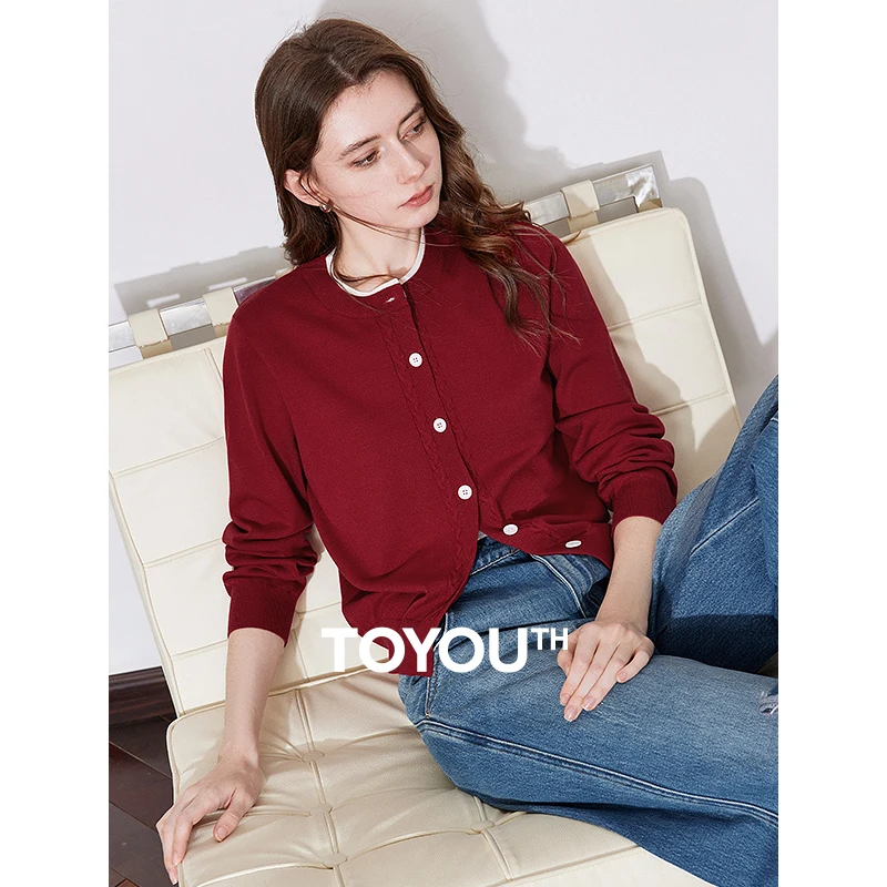 TOYOUTH Women Knitwear 2025 Spring New Contrast Color Round Neck Single Breasted Button Cardigan Sweater Ankola Red